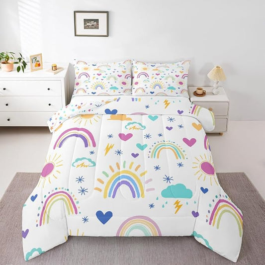 Erosebridal Rainbow Comforter Set, Sun Cloud Stars Duvet Insert Full Size Hand Drawn Iridescent Duvet Sets, Love Heart Cartoon Quilted Duvet for Kids Girls Boys Children Women Bedroom Decor by Erosebridal