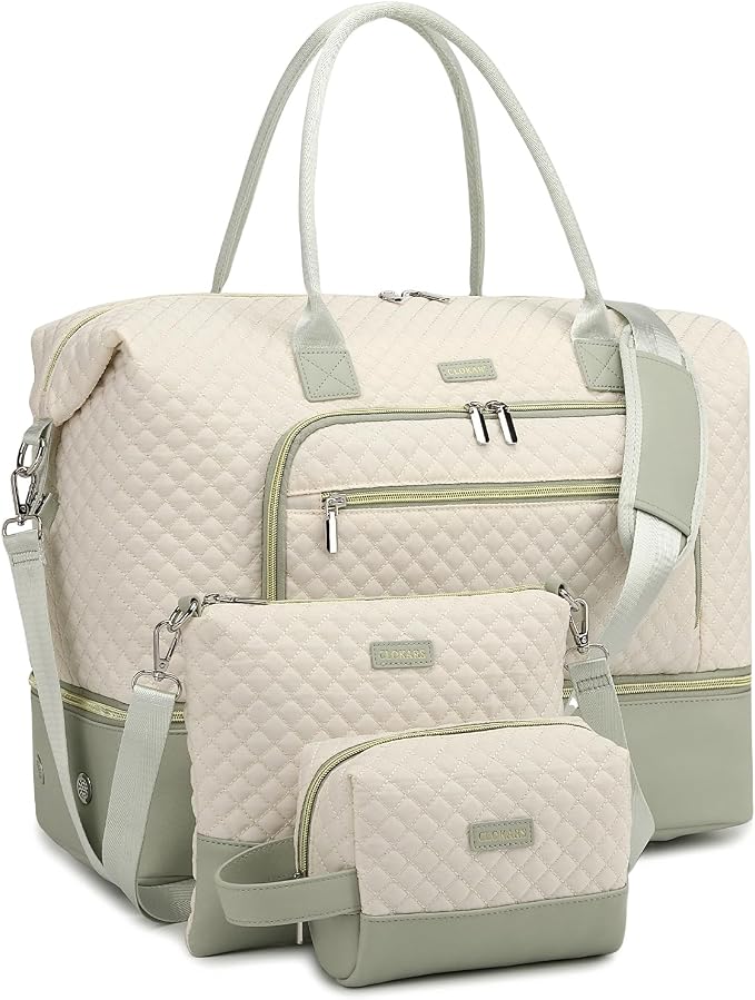 Weekender Bags for Women, Travel Duffle Bag Carry On Overnight Bag with Cosmetics Bag and Crossbody Purse for Gym Hospital, Gifts for Women, Beige Green by Unknown