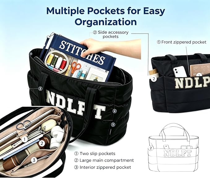 Needlepoint (NDLPT) Tote Bag & Clear Stitching Zipper Pouch Set (Black) | Lightweight Puffy Project Bag for Embroidery Sewing Craft Storage Organizer – Gifts for Stitchers - Image 3