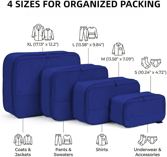 4 Piece Compression Packing Cubes for 3–7 Day Travel, Space Saving Travel Organizers with Breathable Mesh, Double-Zipper Packing Cubes for Carry-On & Suitcases (Blue) - Image 3