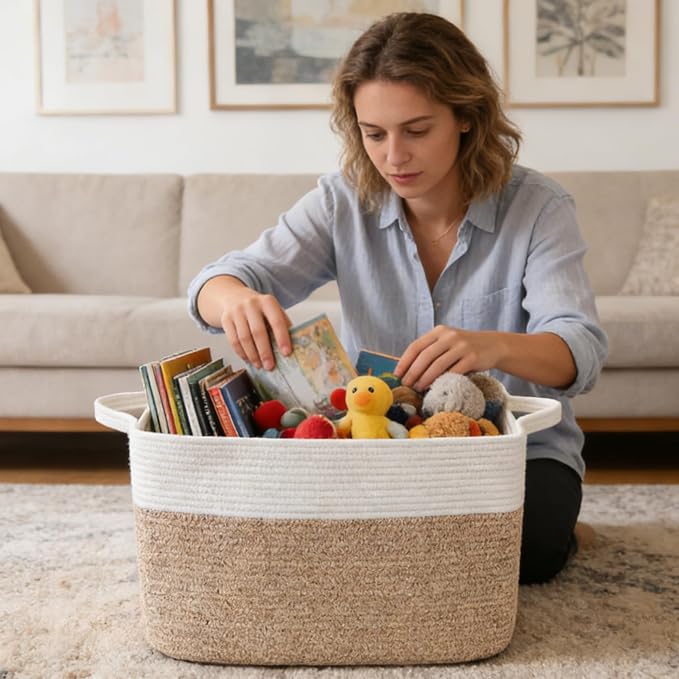 65L Collapsible Woven Rope Laundry Basket with Handles-White/Brown | 21x16x12 Foldable Rectangular Blanket Basket for Toys, Clothes & Pillows,Ideal for Nursery, Bathroom, Bedroom, Living Room - Image 4