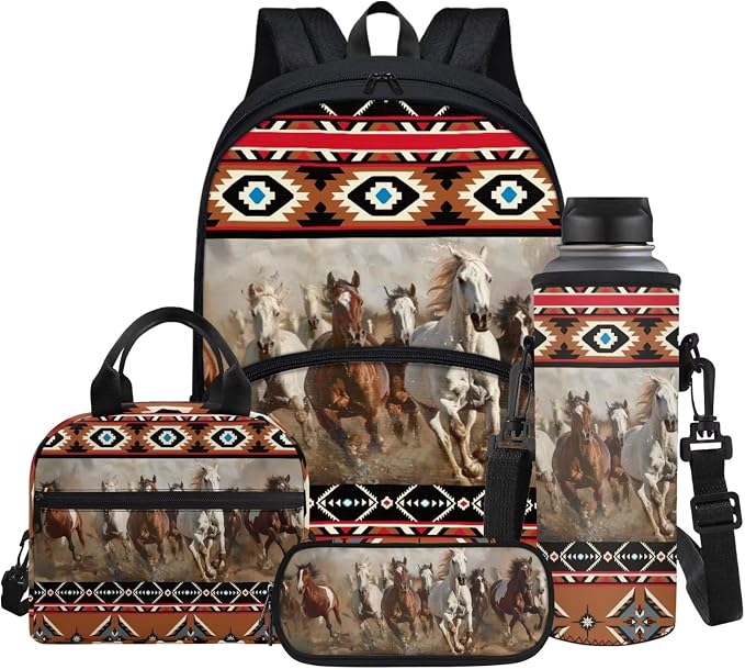 Kids School Bag Aztec Horse Western Backpack for Boys with Lunch Box Cooler Water Bottle Sleeve Cover Small Portable Pencil Pen Case Back to School Supplies by Glomenade