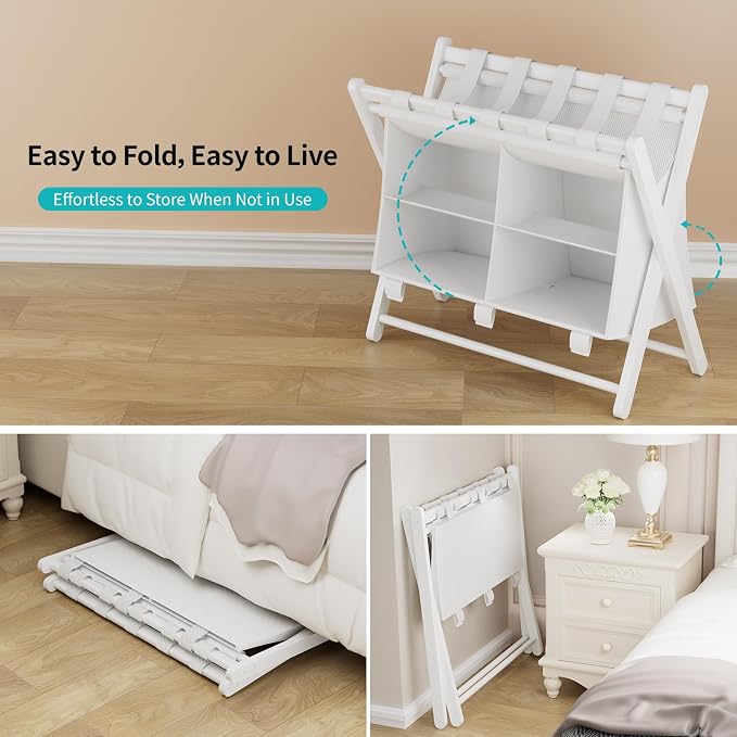 Folding Luggage Rack, 2-Pack White Bamboo Suitcase Stands with 4 Storage Compartments , Sturdy Luggage Holders for Guest Room, Bedroom, Hotel - Image 7