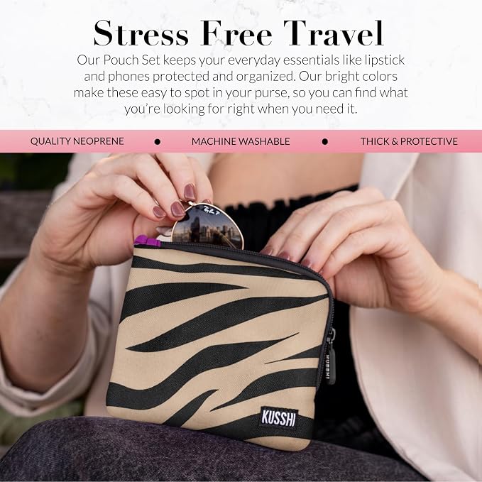 KUSSHI 2pc Neoprene On-The-Go Pouch Set - Passport Holder and Travel Zipper Makeup Pouch for Purse - Small Purse Pouch for Organization, Electronics, Glasses & Valuables (Zebra) - Image 2