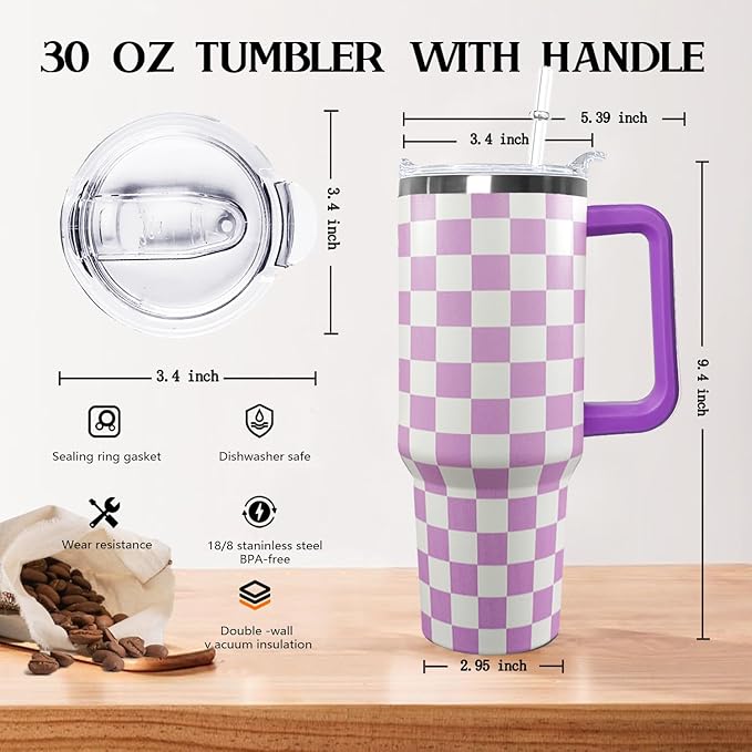 30 Oz Purple Checkered Tumbler with Handle Lid and Straw, Checkered Tumbler Water Bottle Travel Coffee Cup Mug,Checkered Gifts for Women Men