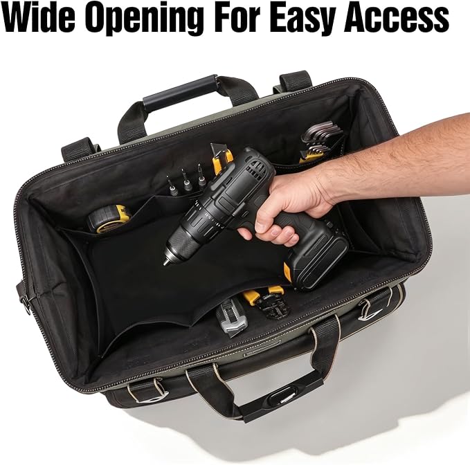 Tool Bag, Ounic 16 Inch BigTool Tote Bag Heavy Duty With Waterproof Molded Base, Wide Mouth Tool Box Organizer with Adjustable Shoulder Strap for Electrician Mechanic Craftsman Plumbers(Black) - Image 6