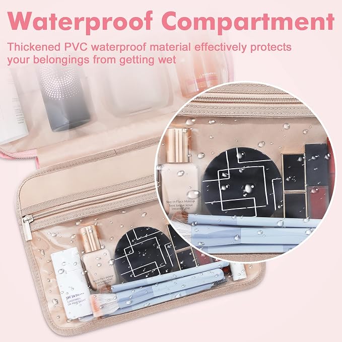 Wedama Toiletry Bag for Women, Large Cosmetic Travel Bag, Hanging Toiletry Bag for Bathroom, Thickened PVC Waterproof Travel Makeup Bag, Toiletries Bag for Travel Business Trips and Camping, Pink - Image 3