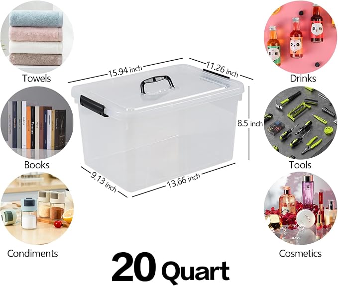 20 Quart Plastic Clear Latching Storage Bins with Lids, Set of 4 | Clear Plastic Storage Box - Image 3