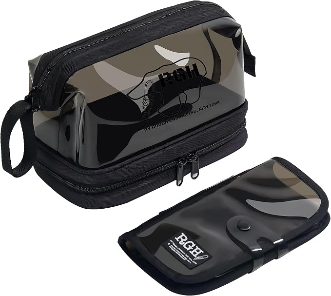 Rough Enough Clear Cosmetic Bag for Women and Men, Leakproof Travel Makeup Organizer, with Detachable Brush Pouch, Large Opening, 6.5”x5”x8.5”, Black by REROUGHENOUGH