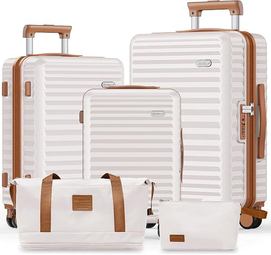 SHOWKOO Luggage Sets 3 Piece Hardside Expandable Suitcase with Double Spinner Wheels Tsa Lock, (Beige White, 5 piece set) by SHOWKOO