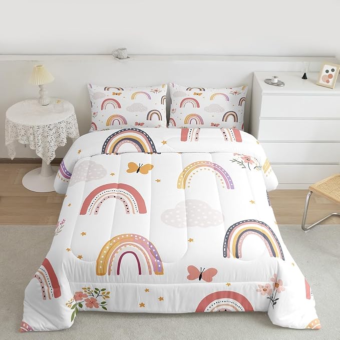 Erosebridal Rainbow King Bedding Sets for Girls,Cartoon Butterfly Comforter Set Flower Floral Bedding Set for Kids Girls Children Women,Stars Hand Drawn Rainbow Bedding Comforters Kawaii Room Decor - Image 3