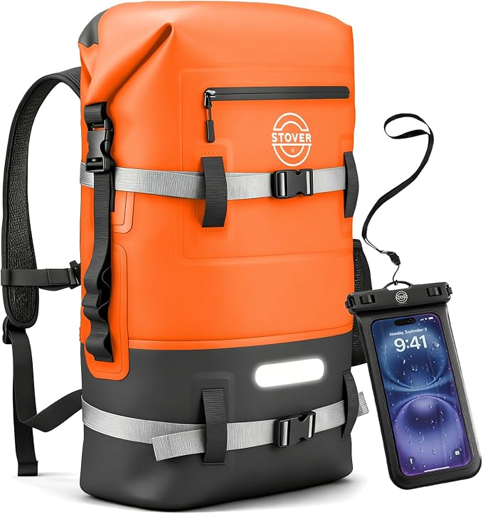 STOVER 30/40/55L Waterproof Dry Backpack & Phone Case- X-Large Floating Dry Bag for Kayaking, Travel, Hiking, Fishing, Camping, Motorcycles & Beach, Heavy-Duty Roll Top Men/Women (Orange) by STOVER