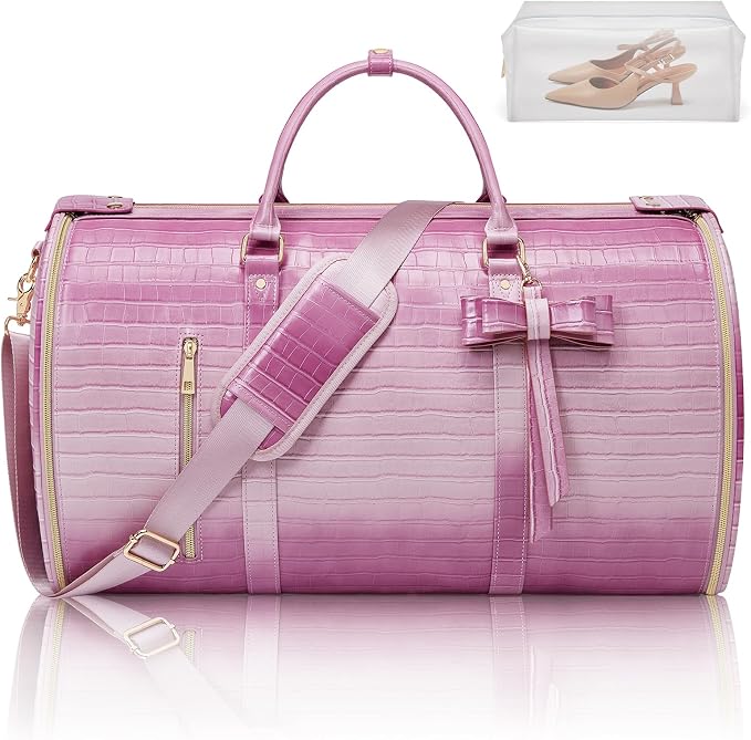 Garment Bags for Travel, 2-in-1 Convertible Travel Garment Duffle Bag for Women, Foldable Carry On Garment Bag with Shoe Compartment & Toiletry Pocket, PU Leather Weekender Bag, Pink-White - Image 8