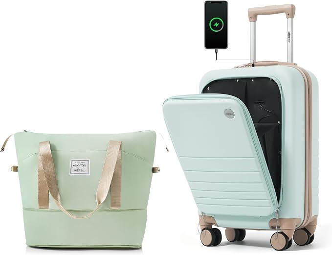 20 Inch Checked Suitcase with TSA Lock Travel Duffel Bag Wet-Dry Toiletry Bag, Green Front-Opening by Merax