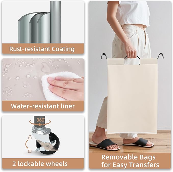 STORAGE MANIAC 5 Section Laundry Sorter, 5 Bins Rolling Separator Laundry Basket, Dirty Clothes Hamper Divider with Heavy Duty Lockable Wheels, Large Clothes Organizer Cart, Beige - Image 3