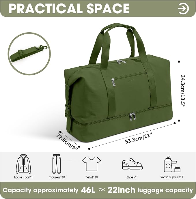 Oeihuivt Weekender Bags for Women - 21 Inch Large Travel Duffel Bag with Shoe Compartment, Heavy-Duty Canvas Leather Carry On Overnight Tote, Green - Image 3