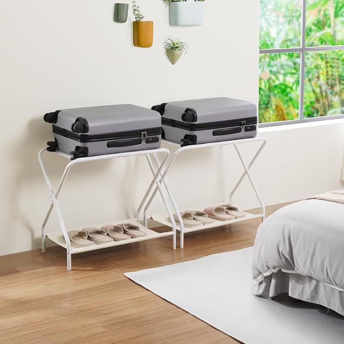 AMHANCIBLE Luggage Rack, Set of 2, Foldable Suitcase Stands for Guest Room, Metal Luggage Holder with Storage Shelf for Bedroom, Hotel, Easy Assemble, White HLR02WT - Image 8