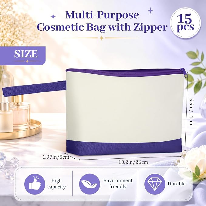 Silkfly 15 Pcs Cotton Canvas Makeup Bags Cosmetic Zipper Bags 10.2 x 5.5 x 2'' Blank DIY Pouch Bulk Pencil Case with Bottom Travel Toiletry Pouch for Women Craft Decor Gift (Beige and Purple) - Image 2