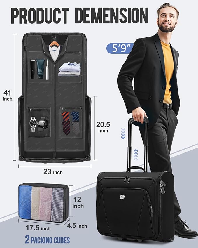 MATEIN Rolling Garment Bag with 2 Packing Cubes, Large Travel Garment Bags | Check-in Luggage, 17.3 Inch Laptop Compartment, Wrinkle Free, Wheeled Business Softside Suitcase, For Men and Women, Black - Image 5
