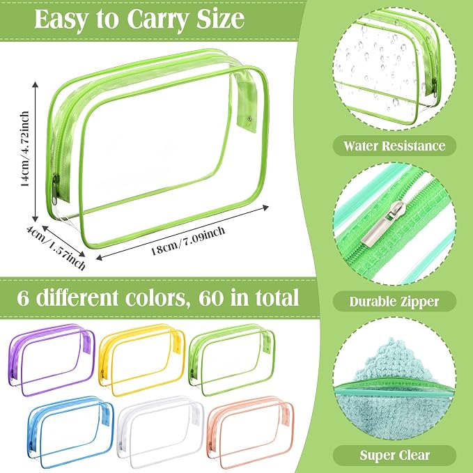 60 Pcs Clear Makeup Bags Bulk Travel Toiletry Bag 7 x 5.5 x 1.6 Inch PVC Zipper Pouch Waterproof Plastic Cosmetic Case Portable Organizer for Women Summer Bathroom (Multicolor) - Image 2