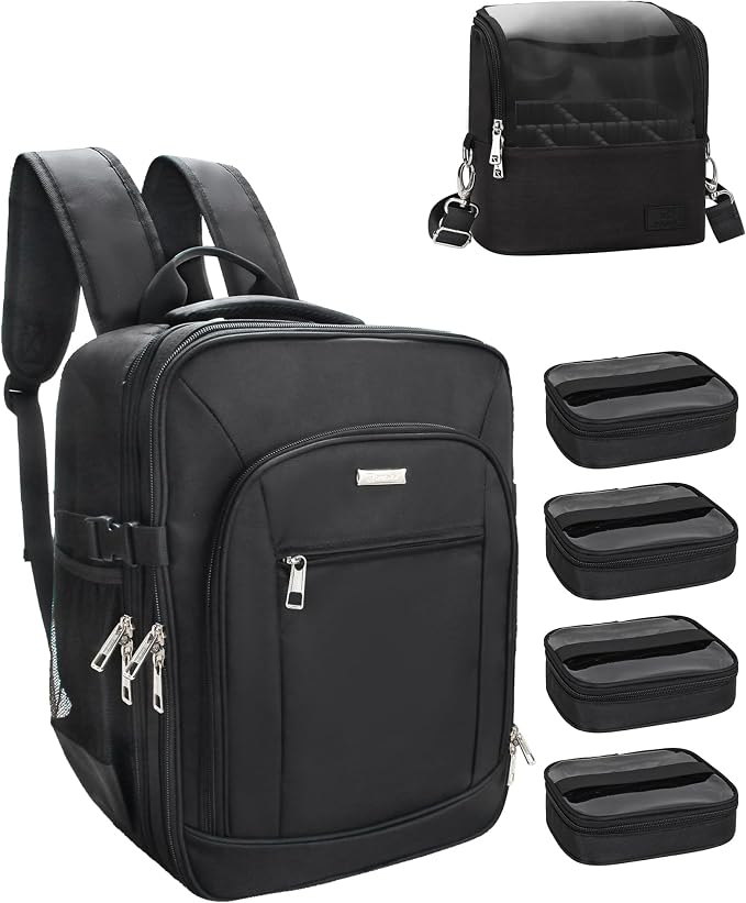 TANTO Makeup Backpack Makeup Artist Bag Professional Extra Large Cosmetic Bags Travel Train Case Storage Organizer Double-Layer Cosmetic Case with 4 Pouch and Brush Organizer (Black, two piece) by TANTO