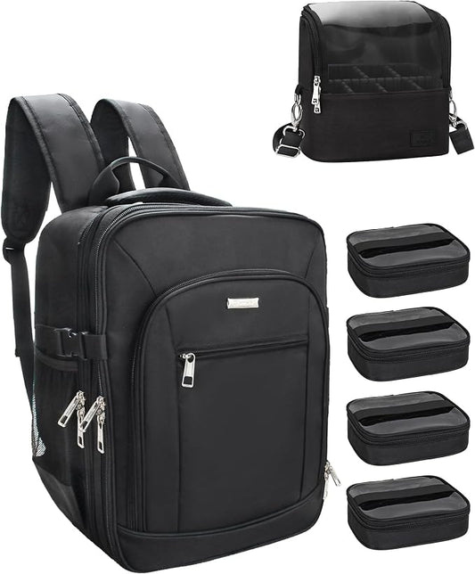 TANTO Makeup Backpack Makeup Artist Bag Professional Extra Large Cosmetic Bags Travel Train Case Storage Organizer Double-Layer Cosmetic Case with 4 Pouch and Brush Organizer (Black, two piece) by TANTO