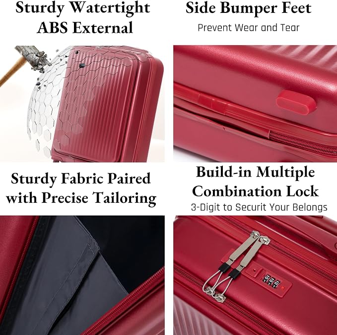 2 Pcs ABS Spinner Luggage Set - 14" Cosmetic Case & 20" Carry-On with Combination Lock, Front Opening Design, Red - Image 2