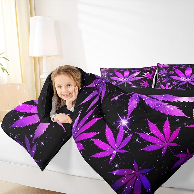 Erosebridal Purple Black Comforter Set Queen Size Hippie Leaf Bedding Sets for Adults Women Men,Leaves Galaxy Comforter Botanical Bed Quilt Set 2 Pillow Cases - Image 4