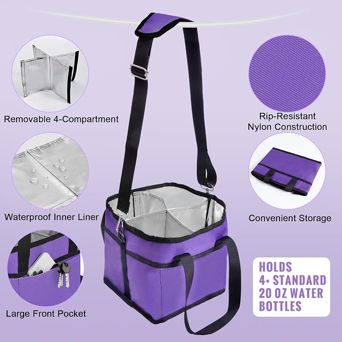 4 Water Bottle Holder with Strap - Multiple Tumbler Insulated Drink Carrier Tote Bag, Reusable Drink Family Size Caddy for Car, Delivery, Adjustable Dividers - 2 in 1 Car Seat Hook Set - Image 3