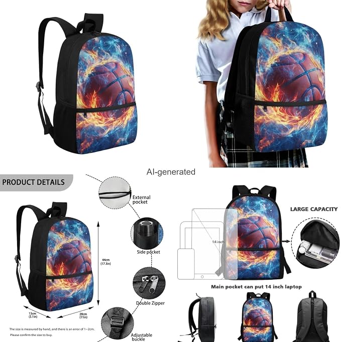 Fire Basketball Backpack for School Boys Backpack with Lunch Box Water Bottle Holder and Big Pencil Case 4PCS Bookbag with Front Pocket 17 inch Lightweight School Bag with Side Pocket for Kids - Image 3