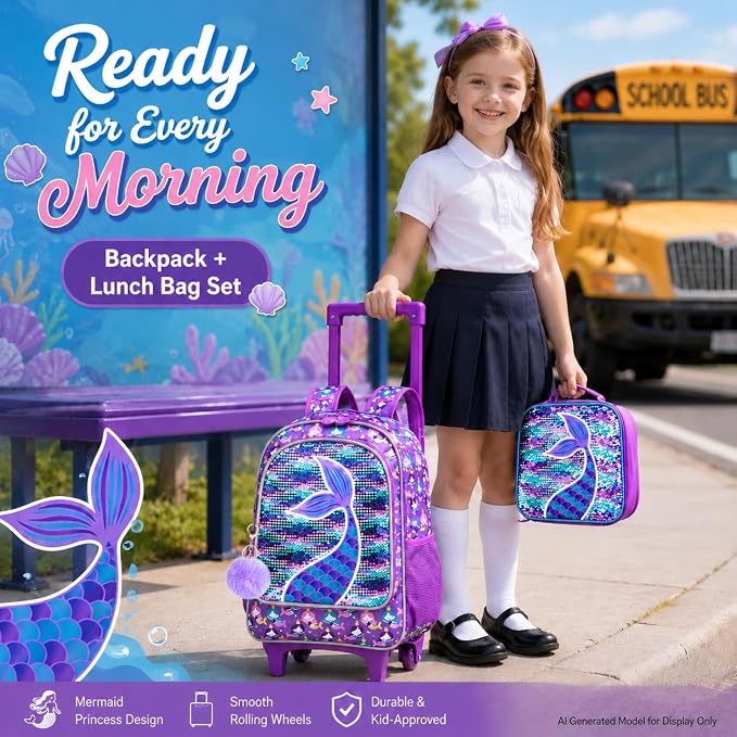 AGSDON 3PCS Rolling Backpack for Girls Boys, Kids Roller Wheels Bookbag, Wheeled School Bag with Lunch Bag - Image 8