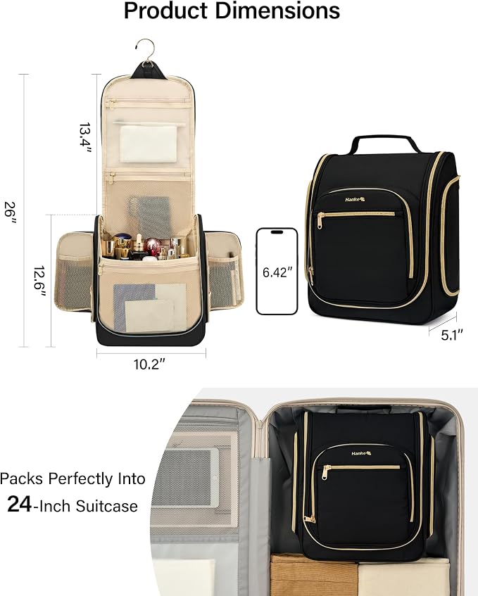 Hanke Hanging Travel Toiletry Bag for Men and Women, Water-Resistant Toiletries Bag Makeup Organizer with Hook, Cosmetic Bag for Bathroom & Travel Essentials Accessories, Black - Image 2