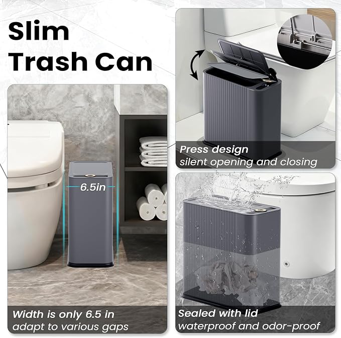 XLHOMO 9-Piece Dark Gray Bathroom Accessories Set - Durable & Sleek Kit with Slim Narrow Trash Can, Toilet Brush & Soap Dispensers - Space-Saving Modern Bathroom Decor - Image 3