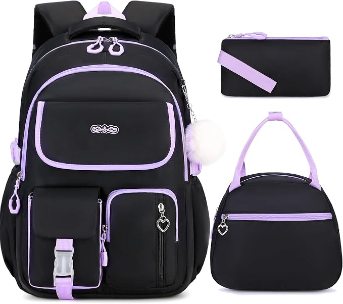 DIGOBAY Backpacks for Girls, 3PCS School Backpack with Lunch Box Pencil Pouch for Teen Girls Children Elementary Primary Middle High College Daypack School bag Bookbag Set（Black-Purple） by DIGOBAY