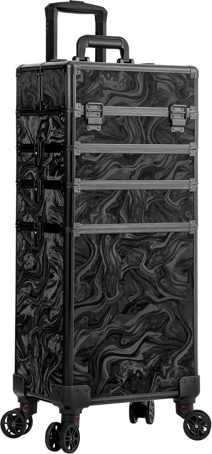 Rolling Makeup Train Case with Lid Cosmetology Case on Wheels | 5 in 1 Large Cosmetic Trolley Organizer Travel for Hairstylist Artist Nail Beauty Salon Barber Cart Trunk, Black Ink - Image 8