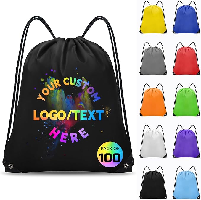 Grneric Custom Drawstring Bags Bulk 10/20/50/100/200 Pack, Promotional Items With Your Logo Personalized String Backpack for Gym, Sport, Travel, Black by Grneric