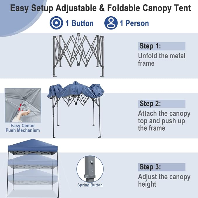 6.6 x 6.6 Ft Pop Up Canopy, 1 Person Instant Setup Canopy Tent with Push Center Lock, 8 Stakes, 4 Ropes & Carrying Bag, Portable Easy Up Gazebo Shelter for Outdoor Camp, Beach, Patio & Party - Image 4