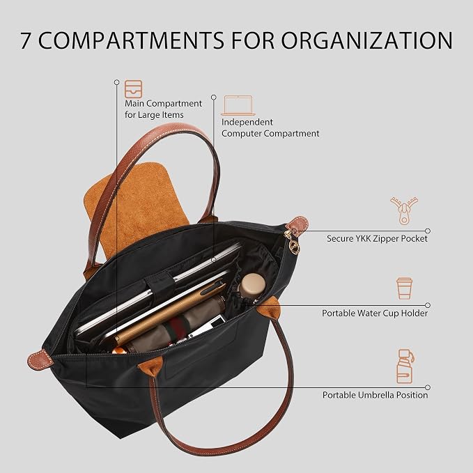Laptop Sleeve Bag Organizer for Longchamp Le Pliage Large,Black | Soft Nylon Purse Insert, 5 Pockets, 13"Laptop Sleeve, Elastic Cup Holder, YKK Zipper Pocket, Keeps Tote Handbag Neat Shape - Image 4