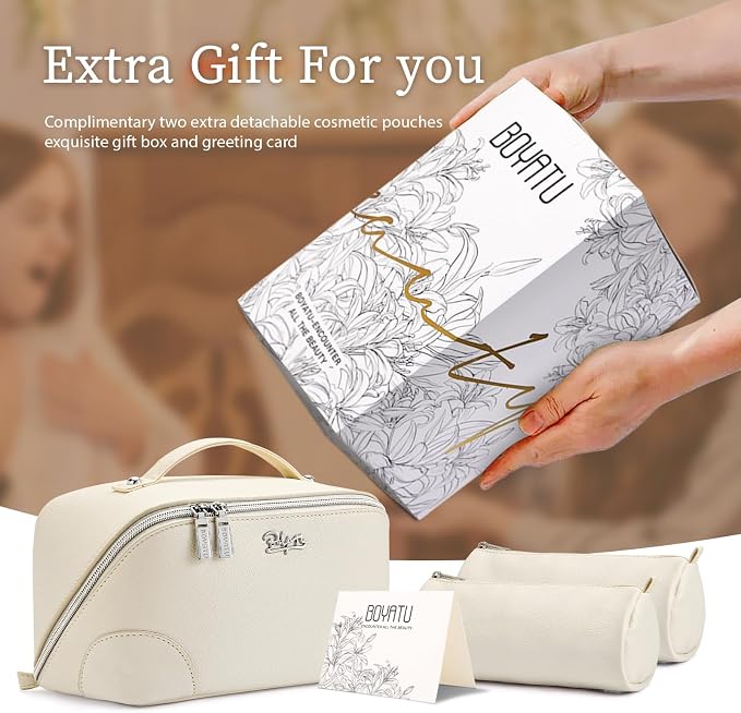 BOYATU Travel Makeup Bag Cosmetic Bags for Women: 3 Pcs Set Large Capacity Make up Bag with Handle - Waterproof Vegan Leather Toiletry Bags Travel Essentials with Compartments(C-3-White) - Image 6