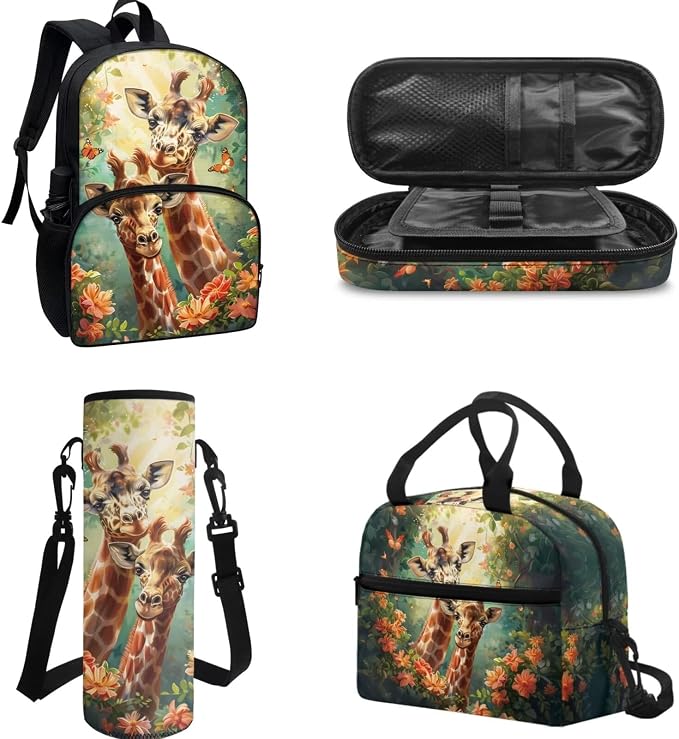 POLERO Cute Giraffe Backpacks for Girls Kids Backpack for School 4Pcs Bookbag Set with Lunch Box Pencil Case Water Bottle Holder - Image 2