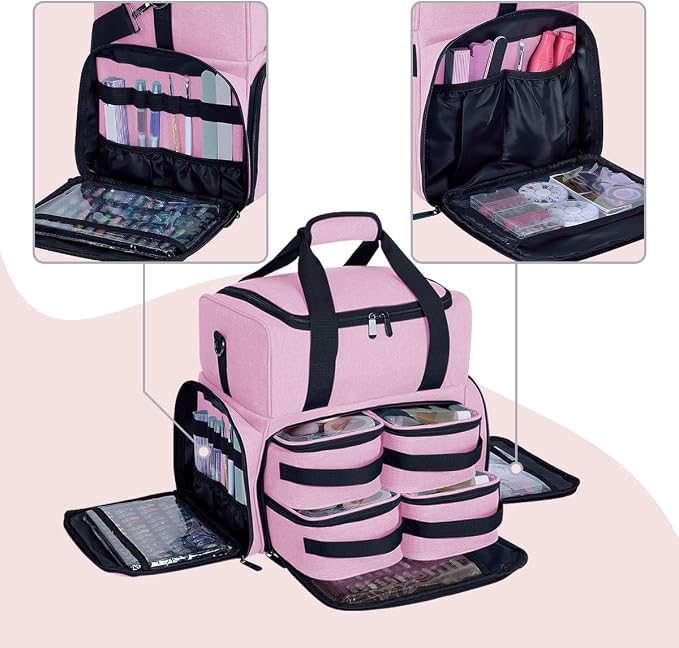 Large Makeup Bag Double Layer with 4 Removable Case,Pink | Large Makeup Bag with 4 Removable Case and 2 Removable Dividers Double Layer Travel Cosmetic Makeup Brushes Storage Section - Image 5