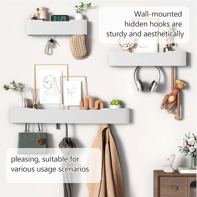 Coat Rack Wall Mount with Hidden Hooks Modern Key Holder Wood Entryway Hook with Shelf for Bedroom Kitchen Hallway Bathroom Designed for Hanging Coats Hats Bags Towels Dog Leashe(White,5 Hooks) - Image 7