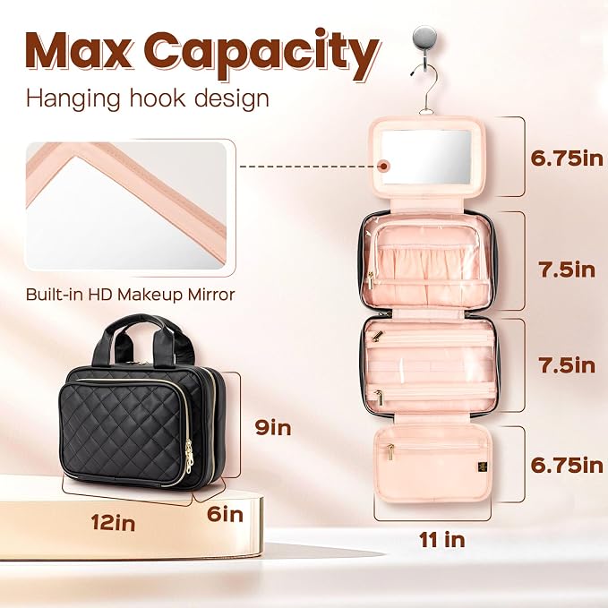 Hanging Makeup Bag with Built-In Mirror – Travel Toiletry & Cosmetic Organizer for Women and Performers - Image 2