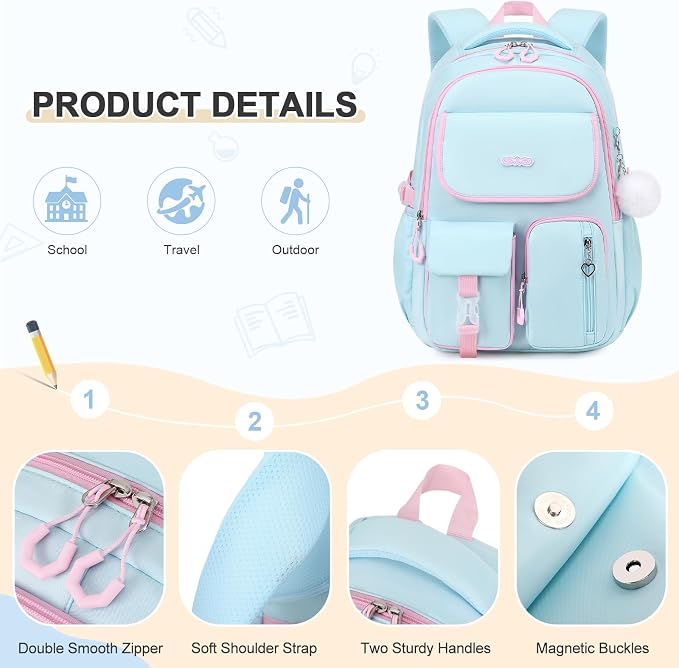 DIGOBAY Backpacks for Girls, 6PCS School Backpack with 14OZ Water Bottle Lunch Box Pencil Pouch for Teen Girls Kids Elementary Primary Middle High College Travel School bag Bookbag Set - Image 7