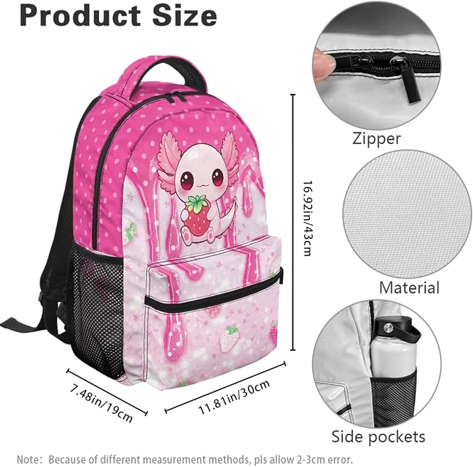 Axolotl 4-Piece Girls School Backpack Set Drip Strawberry Kawaii School Bag with Insulated Lunch Bag Pencil Case & Charm, Cute Funny Bookbag for Kindergarten Elementary Students - Image 4