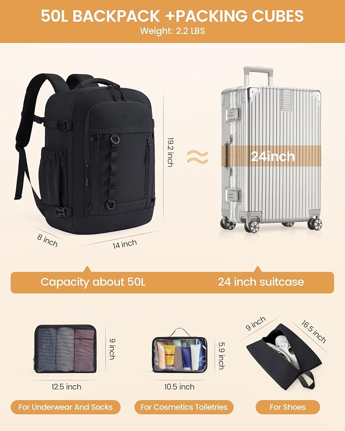 LOVEVOOK 50L Travel Backpack for Men Women, Waterproof Carry On Backpack for Work & Travel, Flight Approved Personal Item with 3 Packing Cubes, TSA Bag Fits 17.3" Laptop,Black - Image 5
