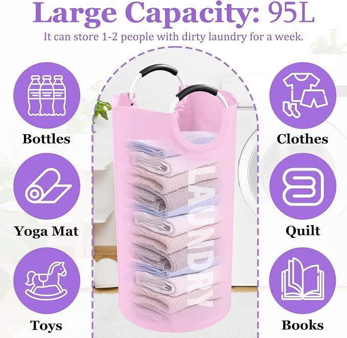 95L Large Laundry Basket with Handles, Foldable Clothes Hampers Stand Up Well, Waterproof Dirty Clothes Hamper, Rugged Laundry Basket for Flat, Dorm, Hotel, Pink - Image 2