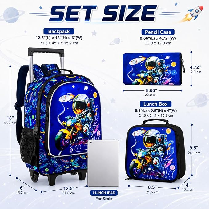 HPJGD 3PCS Astronaut Rolling Backpack for Boys, Kids School Backpacks with Wheels, Water Resistant UV Printed Roller Wheeled Bookbag Set - Image 5
