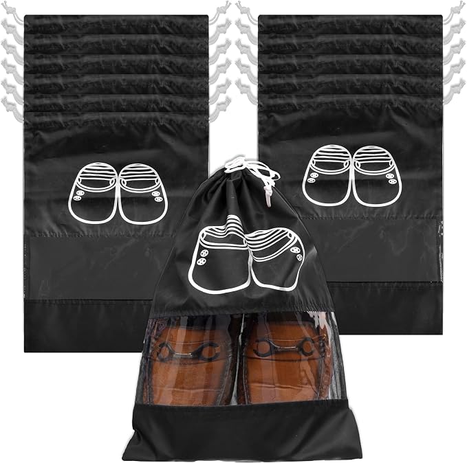 Kuber Industries Shoe Cover | Travel Shoe Storage Bags | Polyester Storage Bags | Drawstring Shoe Cover | Clear Transparent Shoe Storage Organizer | Pack of 12 | Black by Kuber+Industries