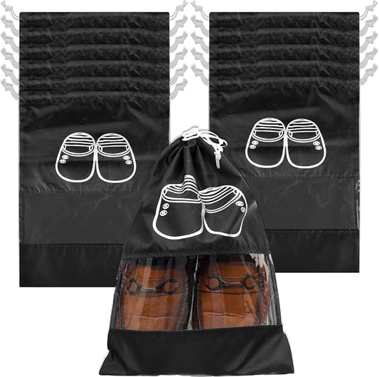 Kuber Industries Shoe Cover | Travel Shoe Storage Bags | Polyester Storage Bags | Drawstring Shoe Cover | Clear Transparent Shoe Storage Organizer | Pack of 12 | Black by Kuber+Industries